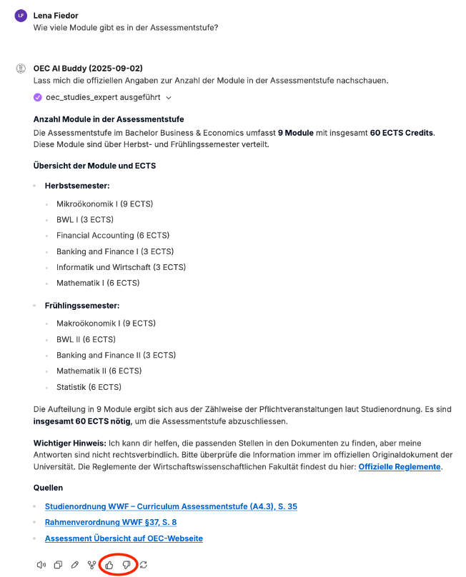 Nach der Antwort von AI Buddy kannst du mit Daumen hoch oder Daumen runter Feedback geben