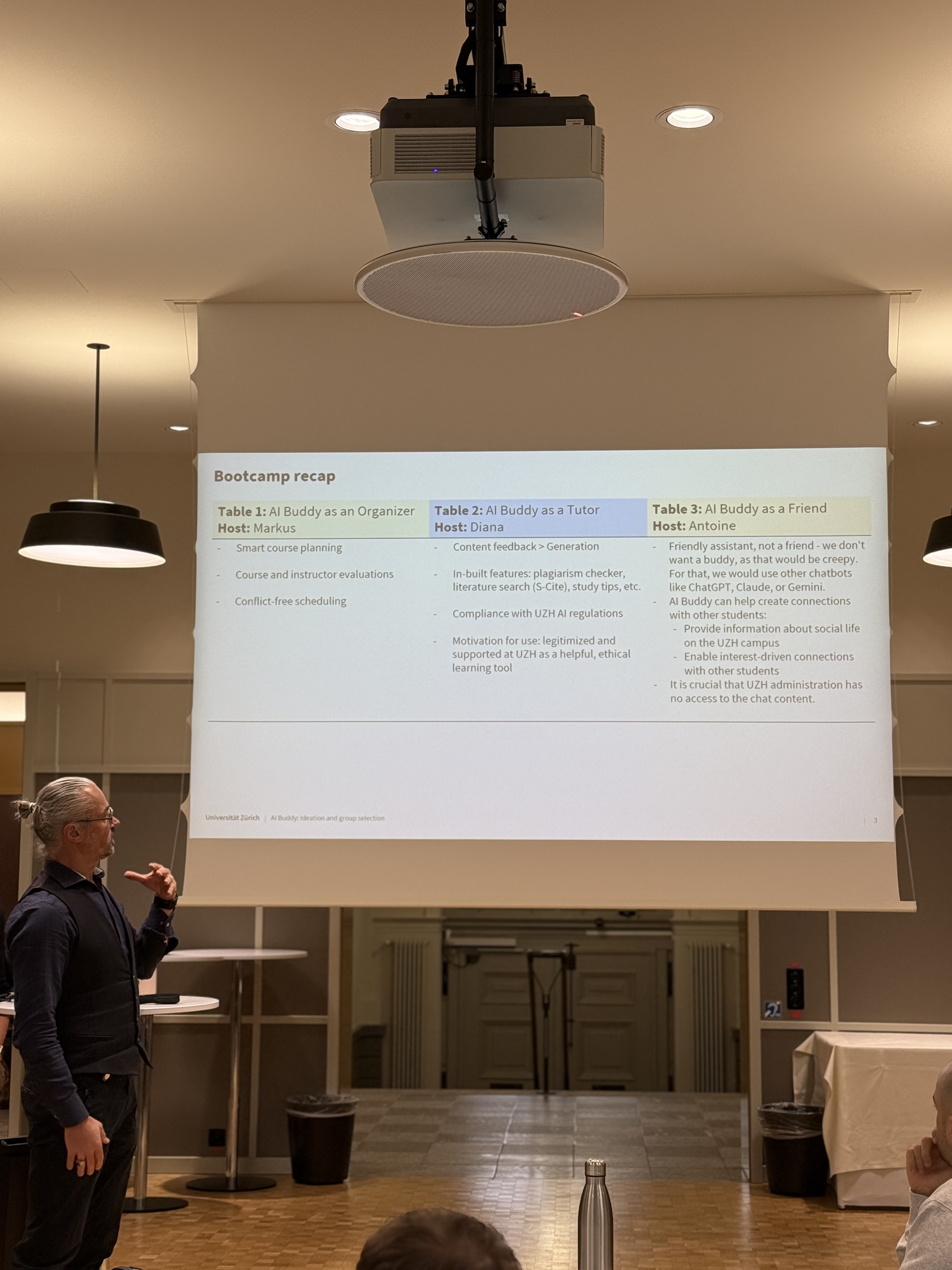 Antoine Logean presenting the recap of the first discussions on the AI Buddy